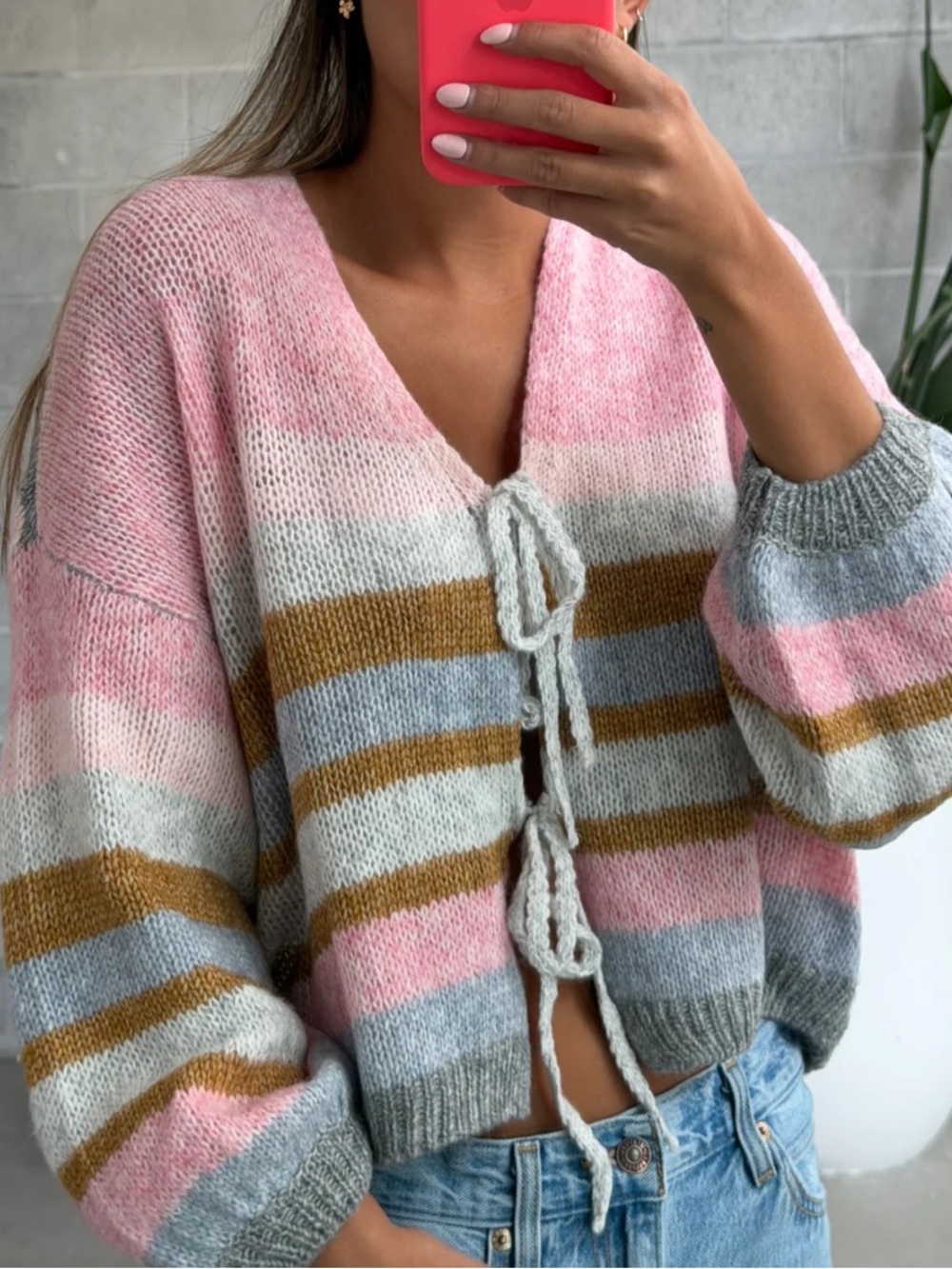 saltwater LUXE Striped Tie-Front Cardigan in Pink, Gray & Brown